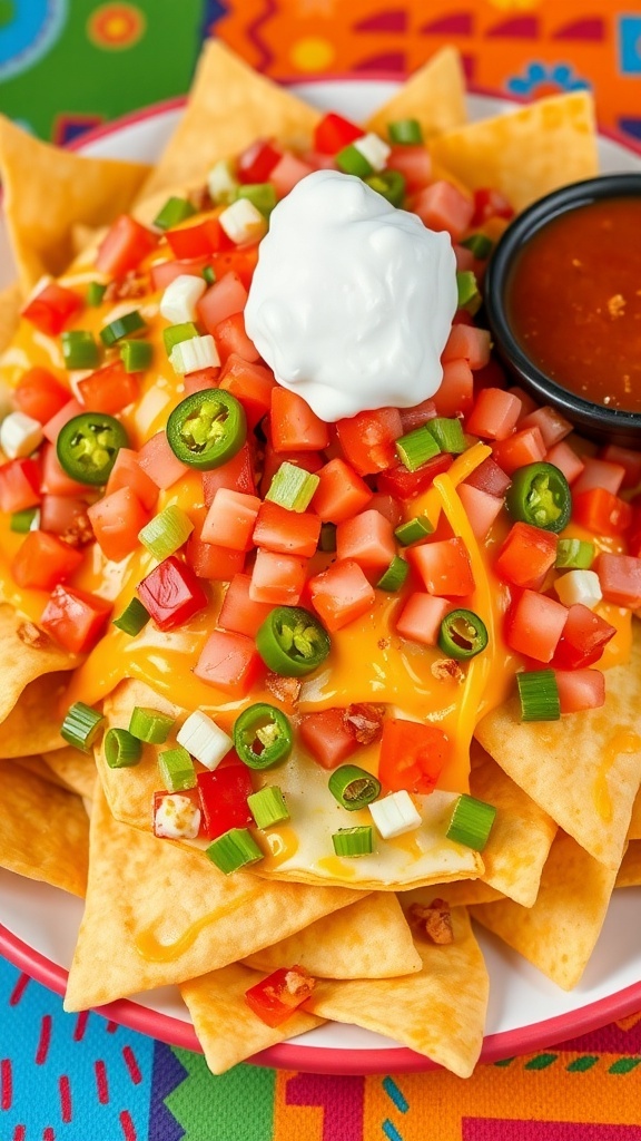 A plate of loaded nachos with cheese, jalapeños, tomatoes, and garnished with sour cream and salsa.